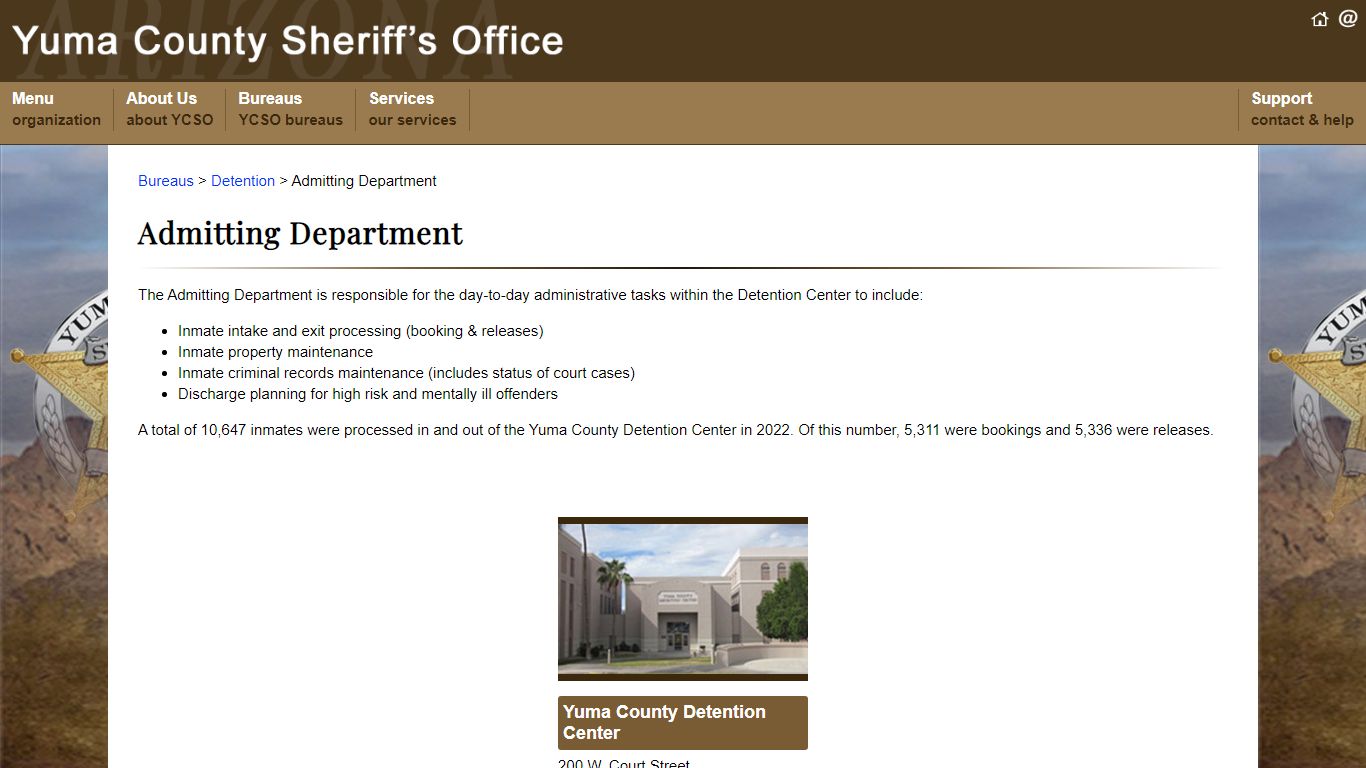 YCSO Detention Bureau: Admitting Department - Yuma County Sheriff