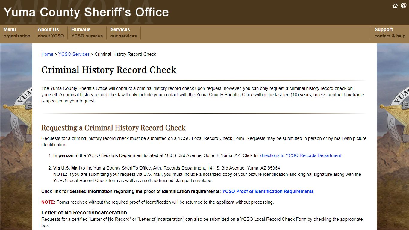 Yuma County Sheriff's Office: Criminal History Record Check